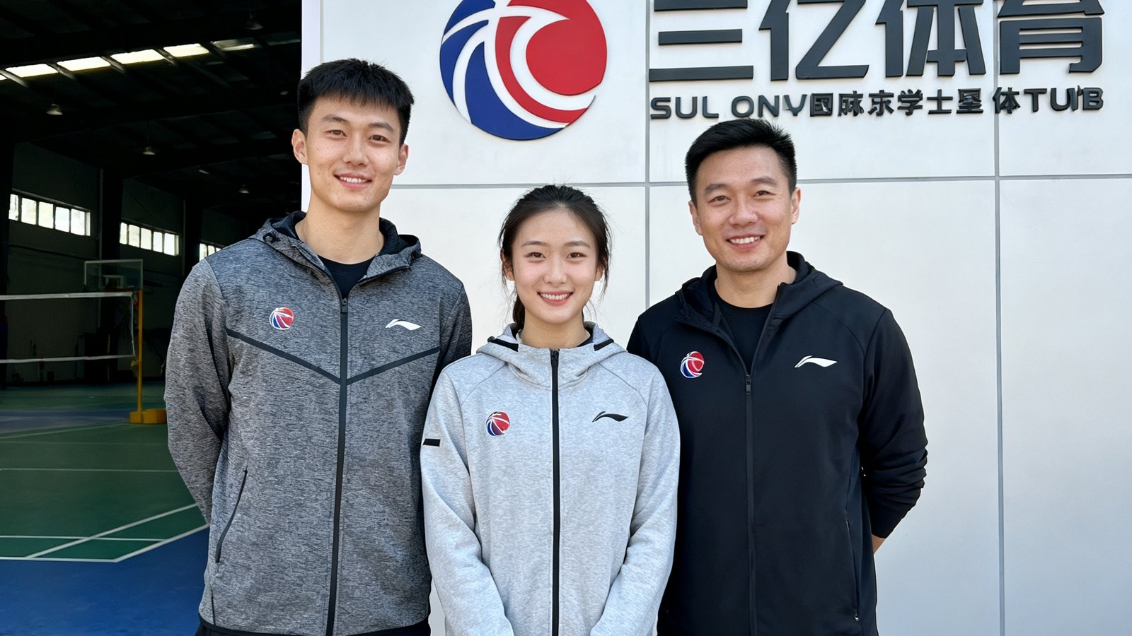 三位三亿体育创始人身穿运动休闲装在望京校区体育馆入口前合影，从左到右依次是前省队篮球后卫张明远、羽毛球全国青年赛亚军李雨桐、运动人体科学硕士王哲，背景可见场馆logo墙。