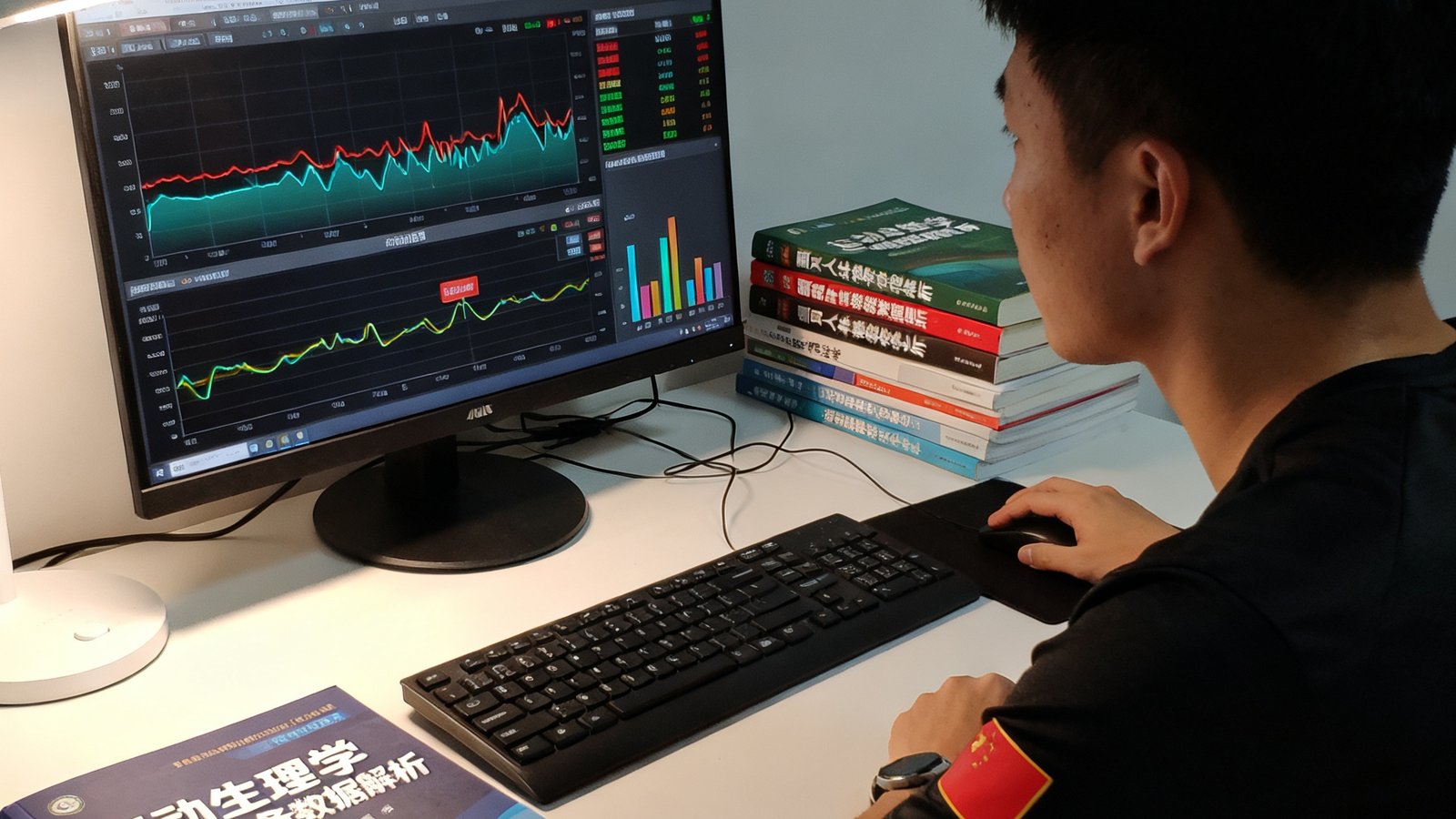 运动人体科学硕士王哲教练坐在电脑前分析学员的可穿戴设备运动数据，屏幕上显示心率曲线和运动负荷图表，桌上堆放着专业书籍。