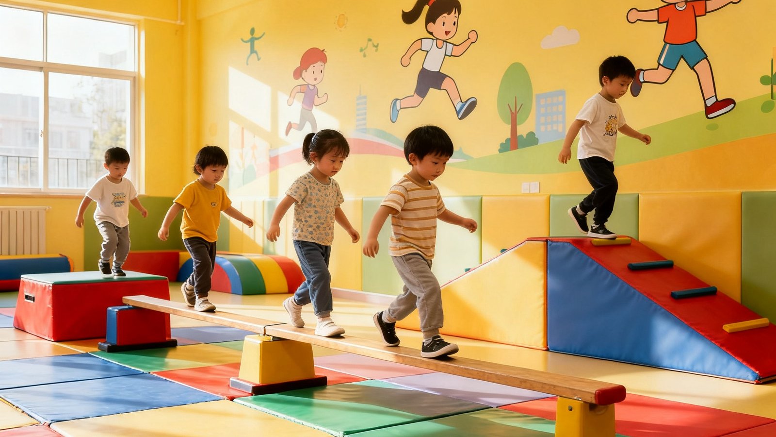 宽敞明亮的体适能训练馆内，四五名4-6岁的幼儿在彩色软垫上进行平衡木行走和攀爬训练，墙面装饰着卡通运动图案。