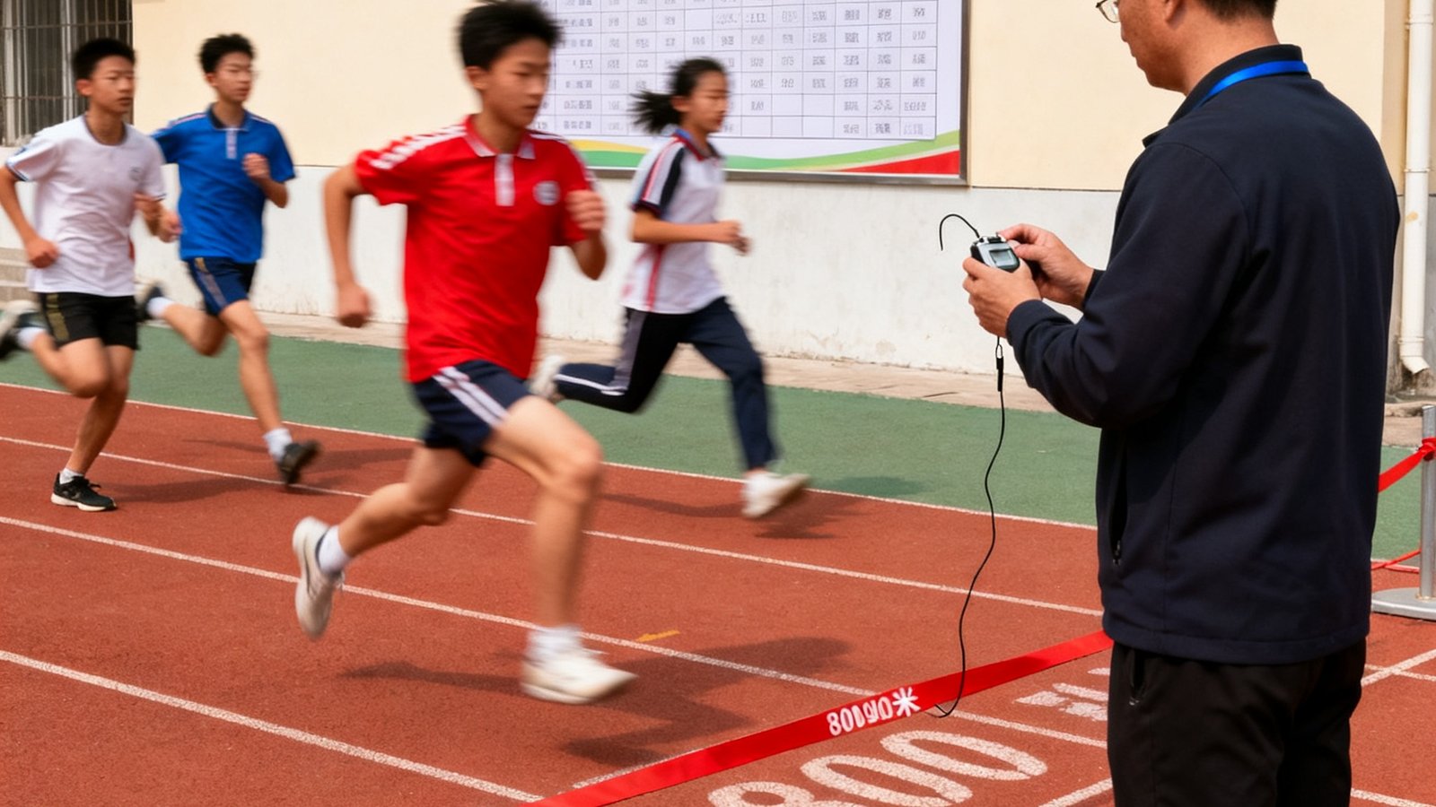 标准400米跑道上，几名初三学生正在进行800米计时跑训练，教练手持秒表在终点线记录成绩，背景可见中考体育评分标准展板。