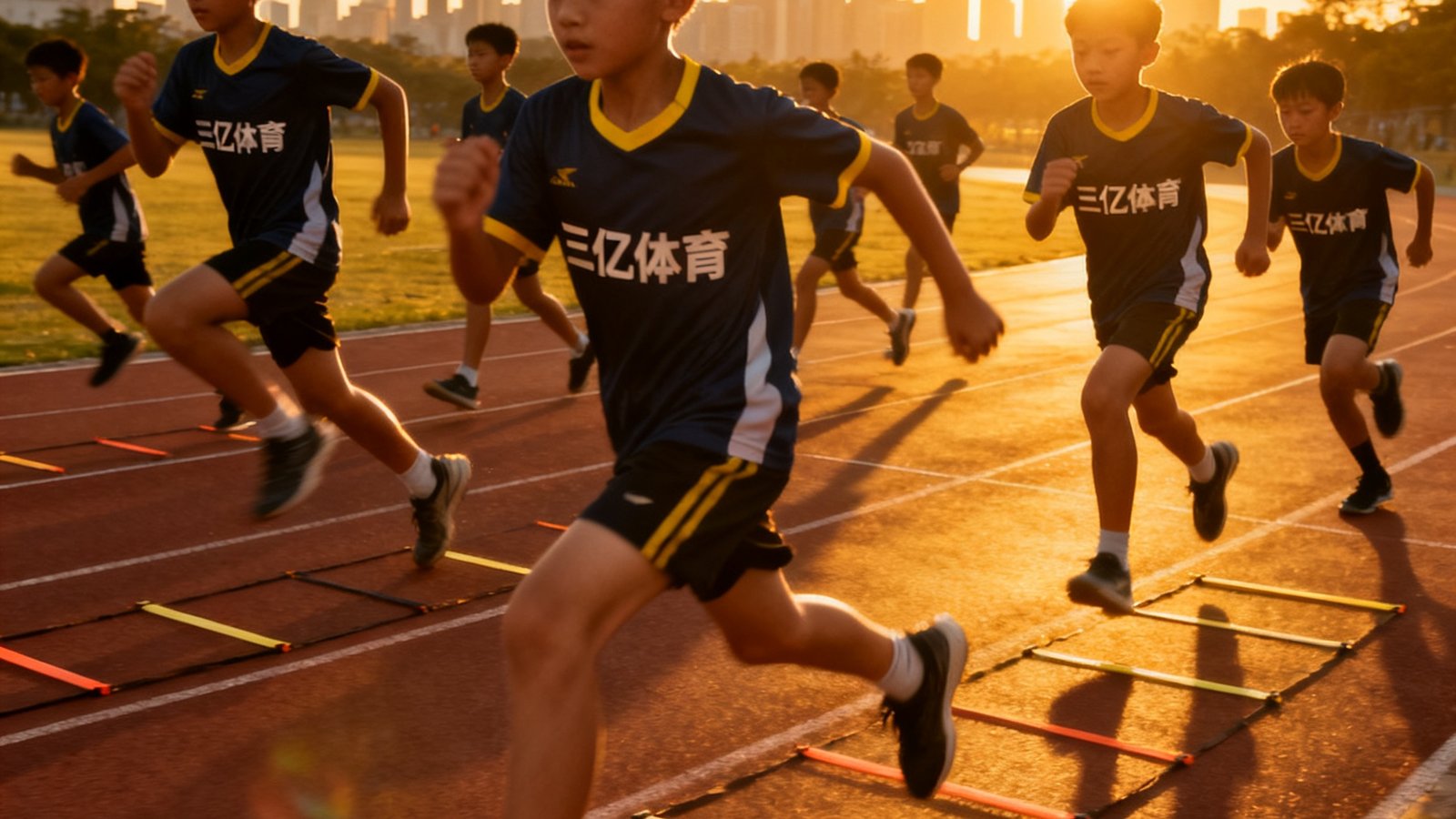 傍晚金色阳光下，一群穿着三亿体育训练服的青少年在户外跑道上进行体能训练，画面充满动感与朝气，远处可见城市天际线。